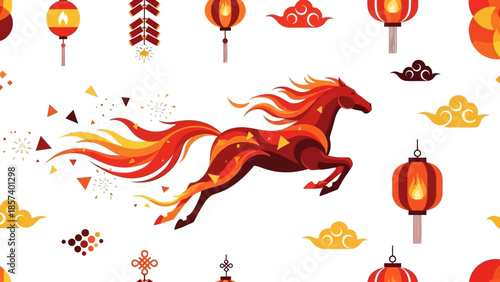 A vibrant red horse runs energetically amidst traditional lanterns and festive decorations in a lively cultural celebration scene.