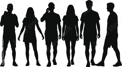 Black, silhouettes, of, a, diverse, group, of, people, standing, together, in, a, row, representing, community, teamwork, friendship, unity, and, togetherness.