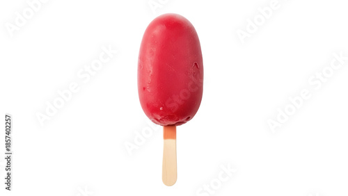 Red popsicle isolated PNG on transparent background, frozen treat with wooden stick for summer refreshment and dessert
