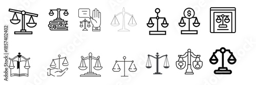 A set of simple black and white line drawing justice scales illustrations