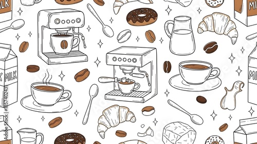  Seamless Coffee and Pastry Doodle Vector Pattern (Cafe Icons)