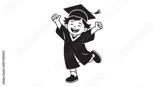 Happy Child Wearing Graduation Gown and Cap Jumping