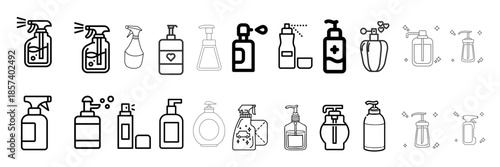 Set of line art cleaning spray bottles with various actions and accessories
