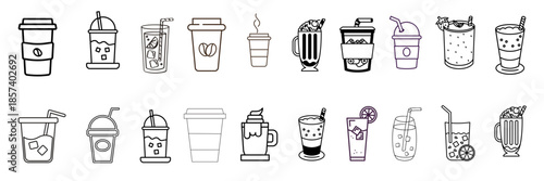 Collection of minimalist line art icons for drinks fruits and food preparation icon set