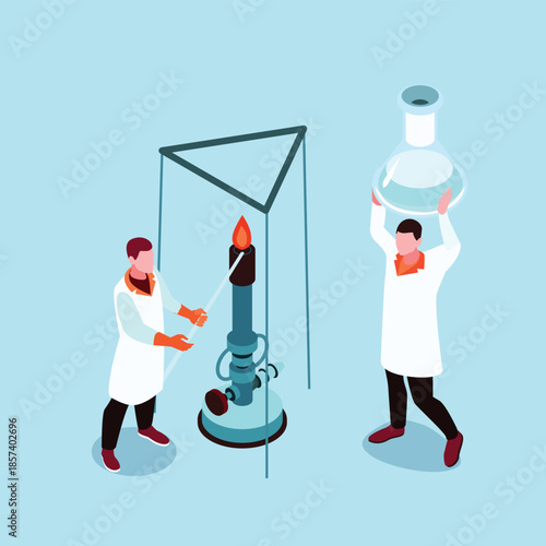 Scientists conducting experiment with bunsen burner