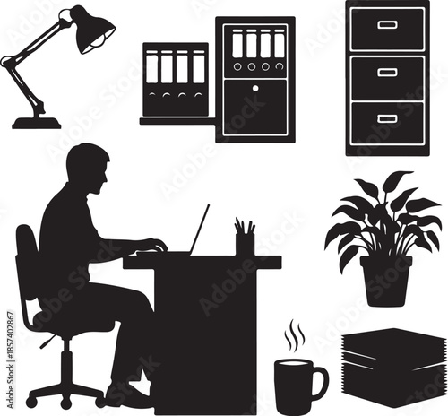 Businessman working at office desk with computer and documents