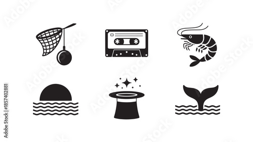 Black Icons of Fishing Net, Cassette Tape, Shrimp and Sun, Magic Hat, Whale Tail