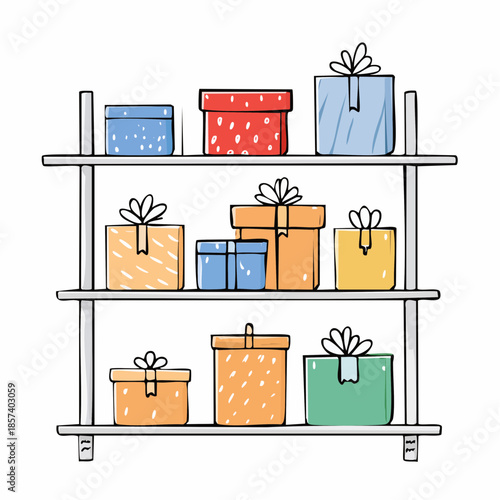 Gift boxes arranged on shelves, celebrating holidays and special occasions with festive wrappings