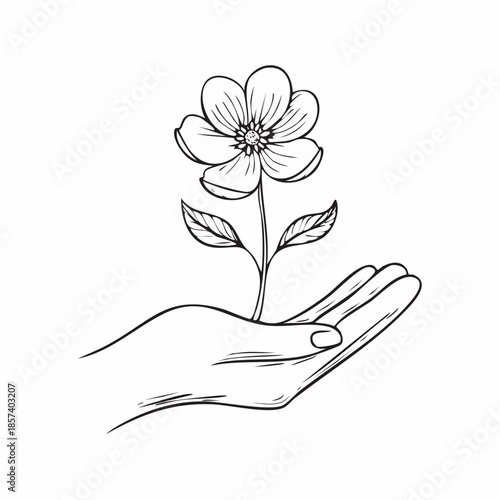 Hand gently holding a delicate blooming flower with leaves, symbolizing growth and nature's beauty