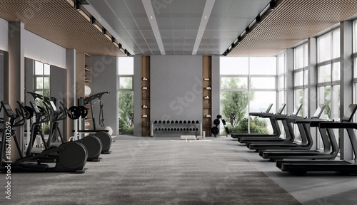 Bild auf Leinwand Modern gym interior with sport and fitness equipment, fitness center inteior, in