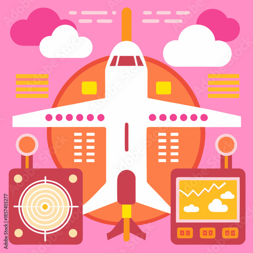 concept of air trafic contral or aviation technology, graphic of realistic airplane with futuristic interface