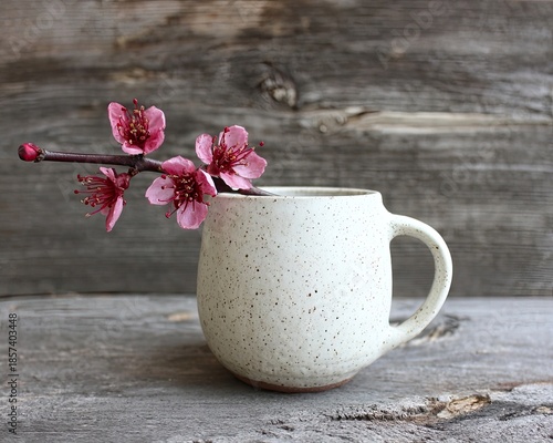 Pink Flowers Beside A White Speckled Ceramic Mug On Rustic Wood