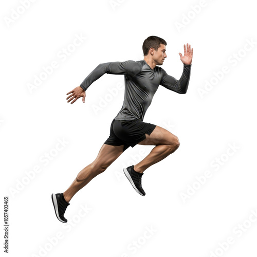 Athletic winter trail runner sprinting forward, emphasizing speed, endurance, balance, and outdoor cold-weather fitness performance on a transparent background.