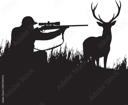 Silhouette of hunter aiming rifle at stag deer in tall grass desig