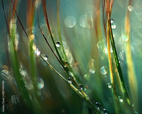 Dew Drops On Grass Blades Close-up