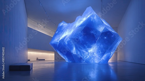 Illuminated Blue Cube Sculpture In Modern Exhibition Space
