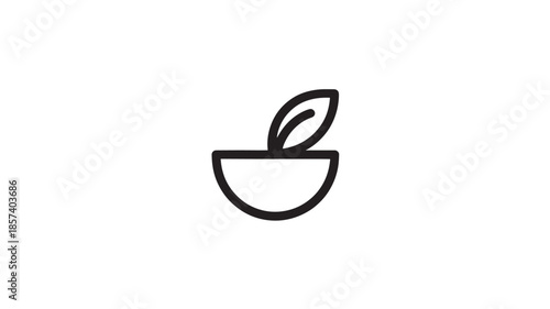 Black Mortar and Pestle Icon with Leaf