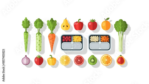 Assorted fruits and vegetables arranged in a healthy meal composition.