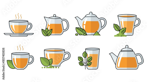 Assorted tea cups and teapots with leaves and steam.