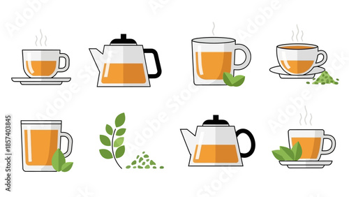 Assorted tea cups and teapots with tea leaves.