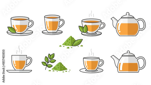 Set of tea cups and teapots with tea leaves illustration.