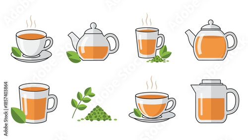Assorted tea cups and teapots with green tea leaves.
