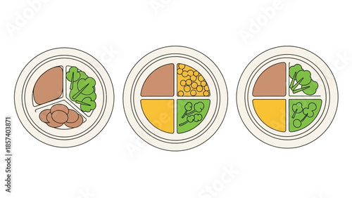 Three plates with different meal portions and food groups.