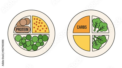 Balanced diet meal plates with protein vegetables and carbs.