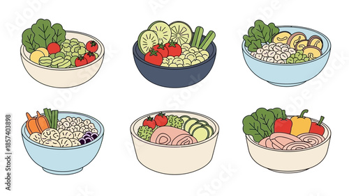Assorted bowls of healthy food with various ingredients.