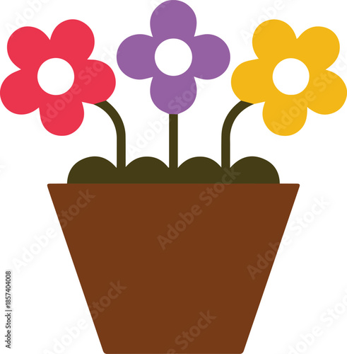 Three colorful cartoon flowers in a brown pot on white background plant garden spring