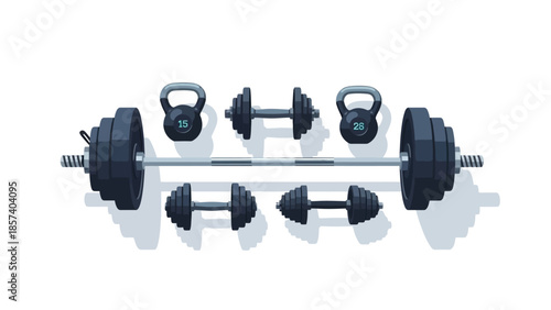 A collection of weightlifting equipment including a barbell with weight plates, dumbbells, and kettlebells, arranged on a white background.