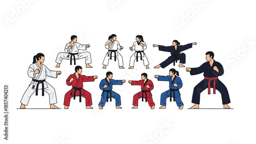 An illustration featuring a diverse group of male and female martial artists in various colored gis performing different karate and taekwondo stances and poses.
