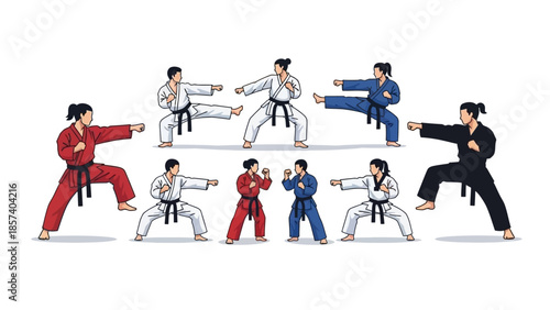 Vector illustration of various martial arts practitioners in different colored gis demonstrating karate poses and techniques.