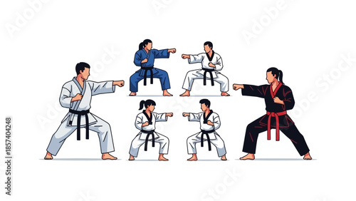 Group of diverse martial artists, men and women, practicing various karate and judo stances in traditional uniforms on a white background.