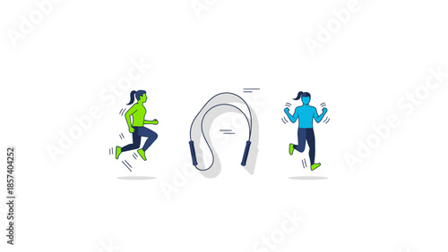 Illustration of two people exercising, one running and one jumping, with a jump rope in between, depicting fitness and an active lifestyle.