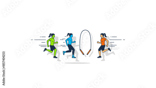 Three stylized women running and a jump rope, depicting fitness and exercise activities.