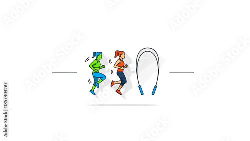 Illustration of two stylized people jogging and a jump rope, representing fitness and various exercise activities.