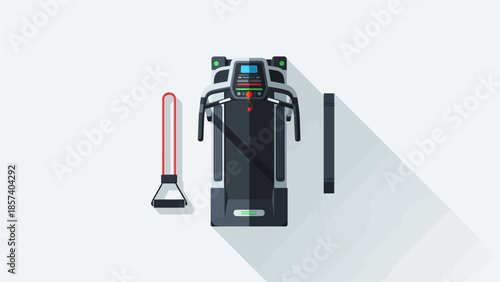 Top-down view of modern fitness equipment including a treadmill and accessories on a white background with long shadows.