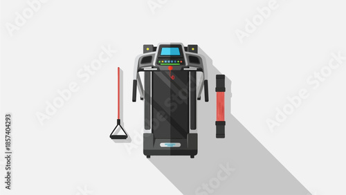 Top-down flat lay illustration of a modern black treadmill with a red resistance band and foam roller on a clean white background, ready for a workout.