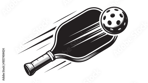 Black Pickleball Paddle with Ball in Motion Isolated on White