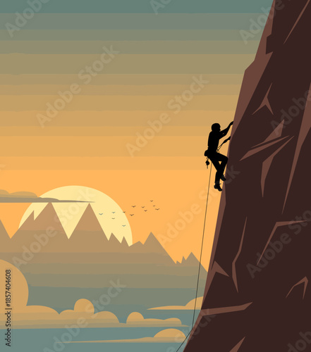 This striking image shows a silhouette of a mountain climber ascending a steep cliff at sunset, representing adventure and the spirit of exploration against a stunning backdrop.