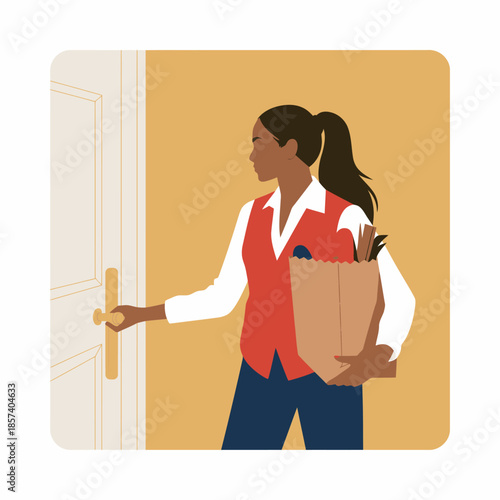 A woman is shown entering her home while carrying a bag full of fresh groceries, showcasing everyday life, comfort, and the joy of preparing meals.