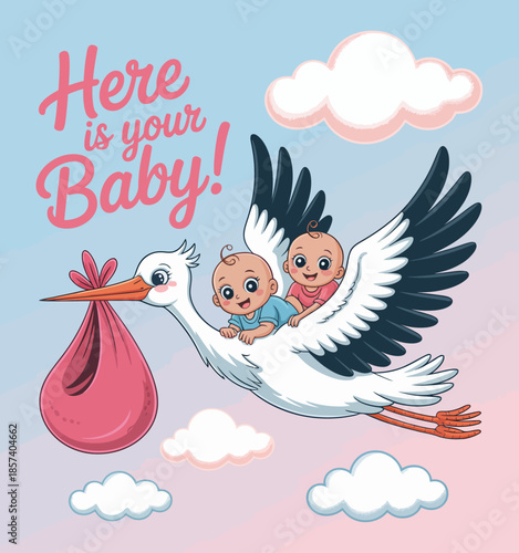 A whimsical illustration features a stork carrying a bag with two adorable babies, symbolizing new life and joy in a playful and charming manner amidst a soft pastel background.