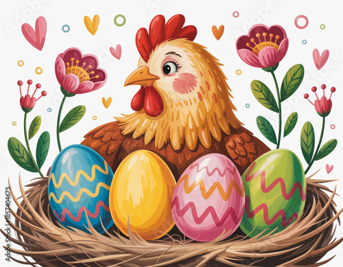 A vibrant hen sits proudly in a nest surrounded by beautifully decorated Easter eggs, symbolizing spring, renewal, and festive celebrations with colorful flowers.