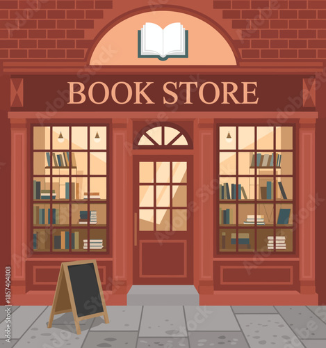 A delightful bookstore showcasing an inviting facade with large windows filled with books, exuding warmth and welcoming book lovers in search of their next read.