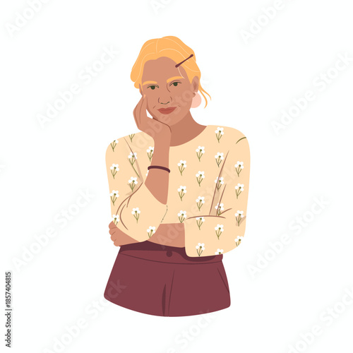 An illustration of a confident woman resting her chin on her hand, showcasing thoughtful expression and stylish attire, perfect for portraying empowerment and individuality.