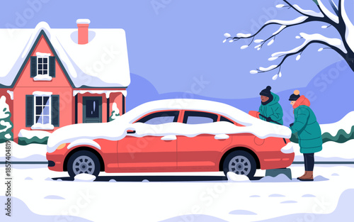 In this winter scene, two people are depicted clearing snow off a car in front of a cozy house, highlighting the challenges and beauty of the winter season.