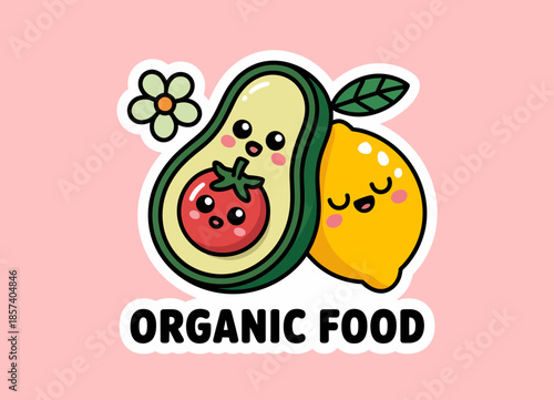 This vibrant illustration features adorable, smiling fruits like an avocado and lemon, promoting the concept of healthy organic food in a fun and engaging way.
