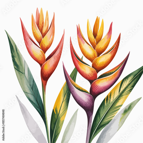 This artwork showcases vibrant tropical flowers in hues of red, yellow, and orange, beautifully complemented by lush green leaves, highlighting nature's stunning beauty.