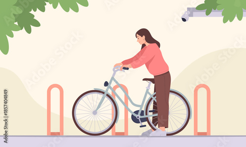An engaging graphic of a woman interacting with her bicycle at a parking rack, promoting active transportation, personal freedom, and an eco-friendly lifestyle.
